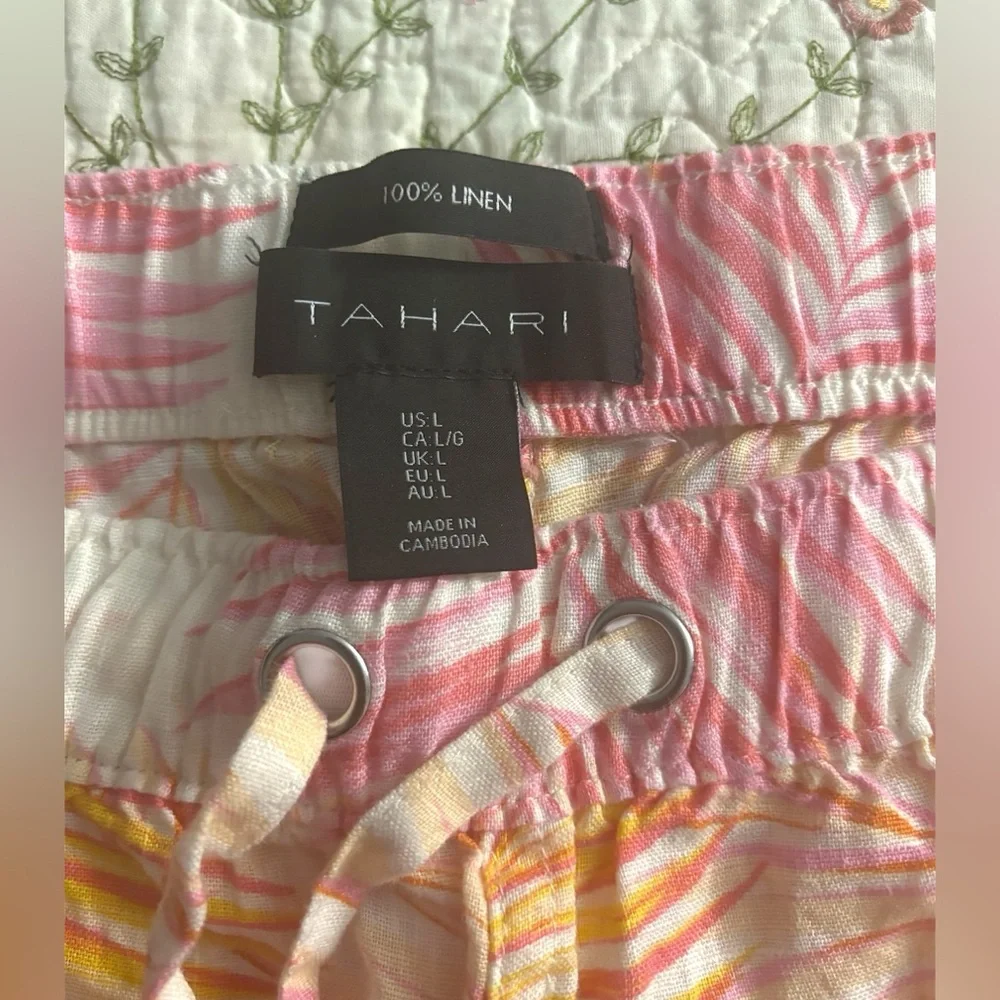 Tahari Linen Pink and Orange High Waist Shorts with Tropical Print - Picture 5 of 6